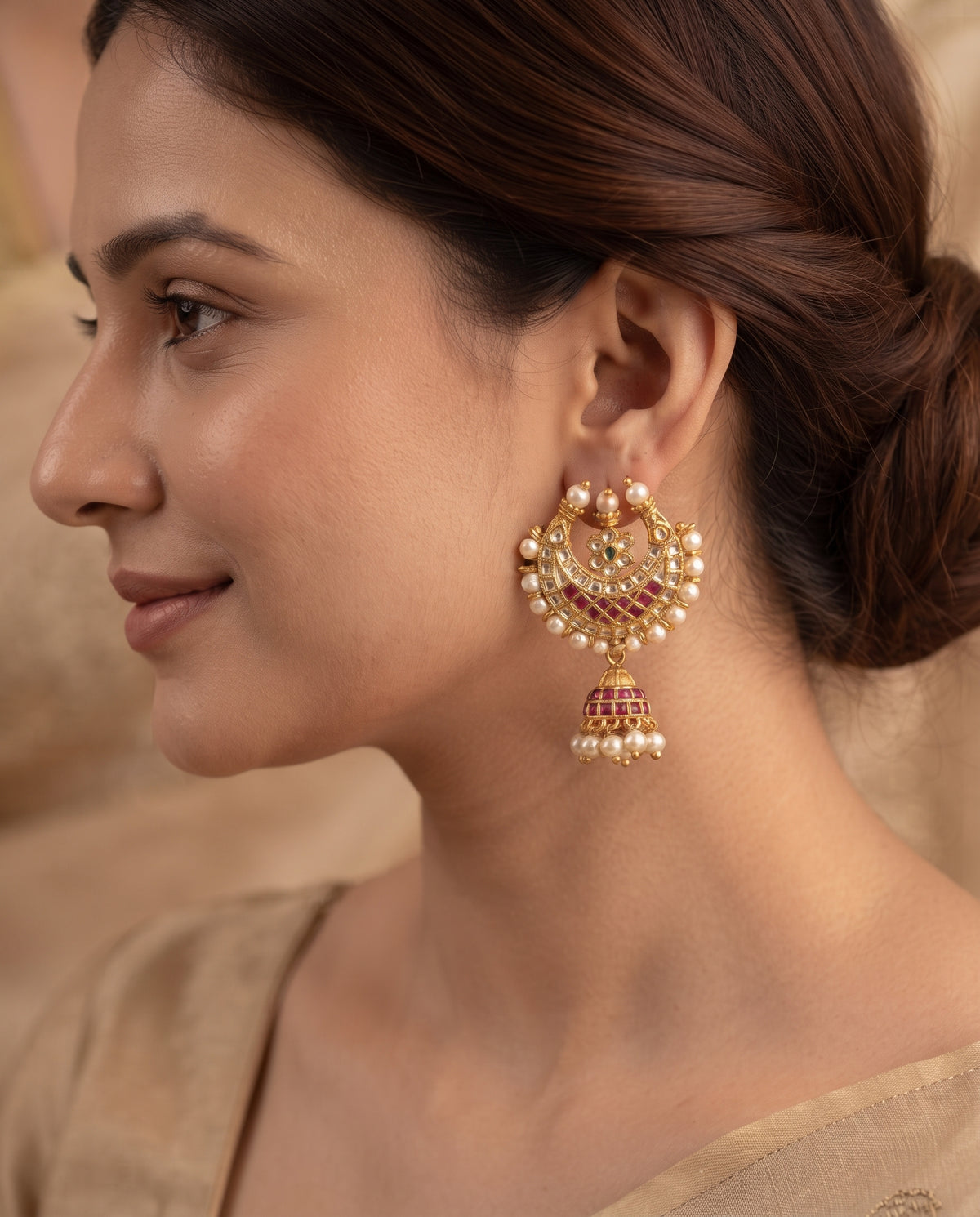 Kundan and Ruby Chandbali Jhumka Earrings