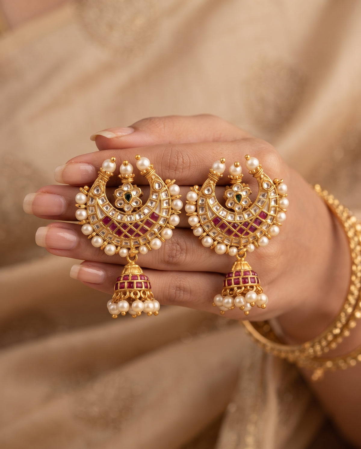 Kundan and Ruby Chandbali Jhumka Earrings