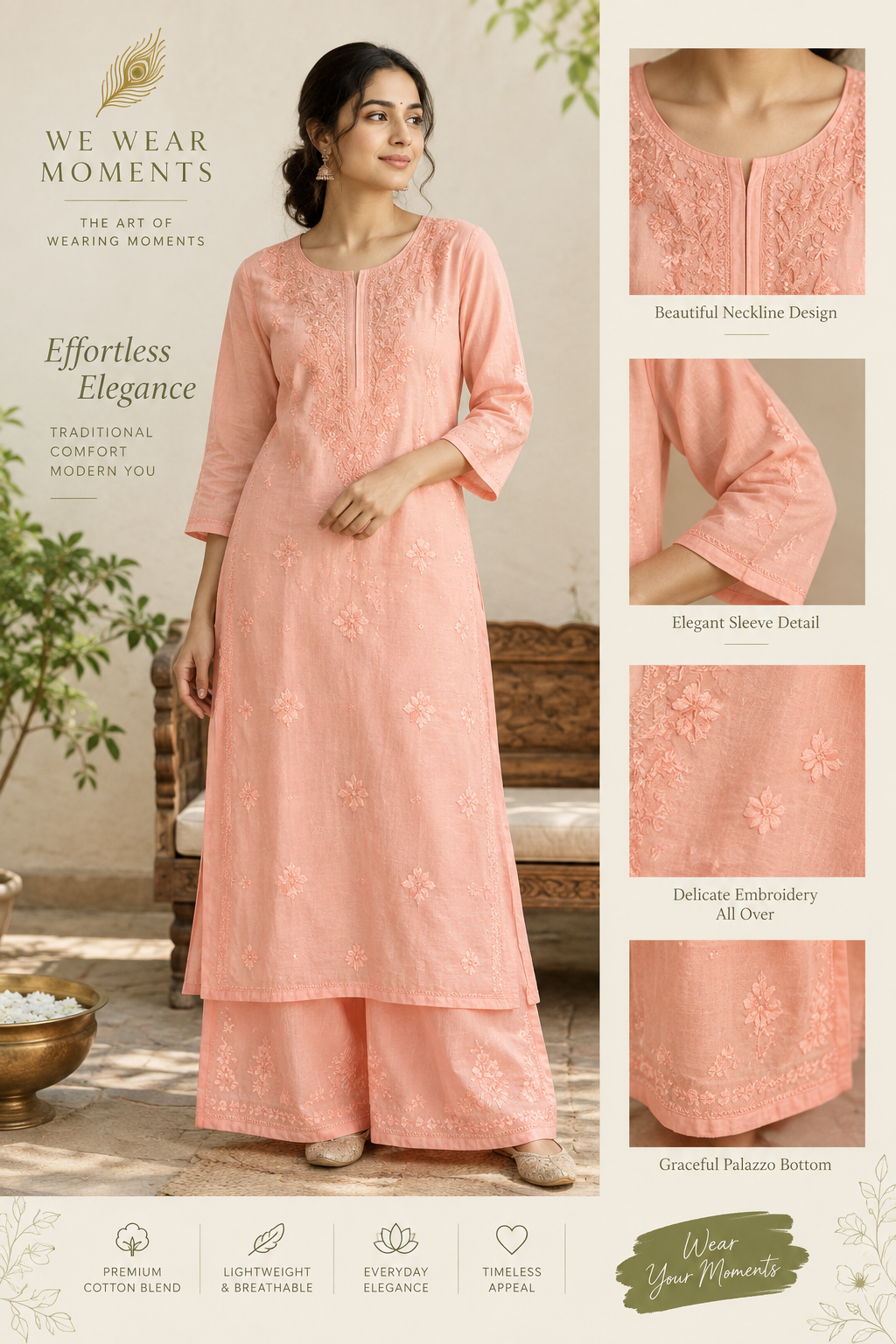 Peach Chanderi Silk Chikankari Kurti & Palazzo Set