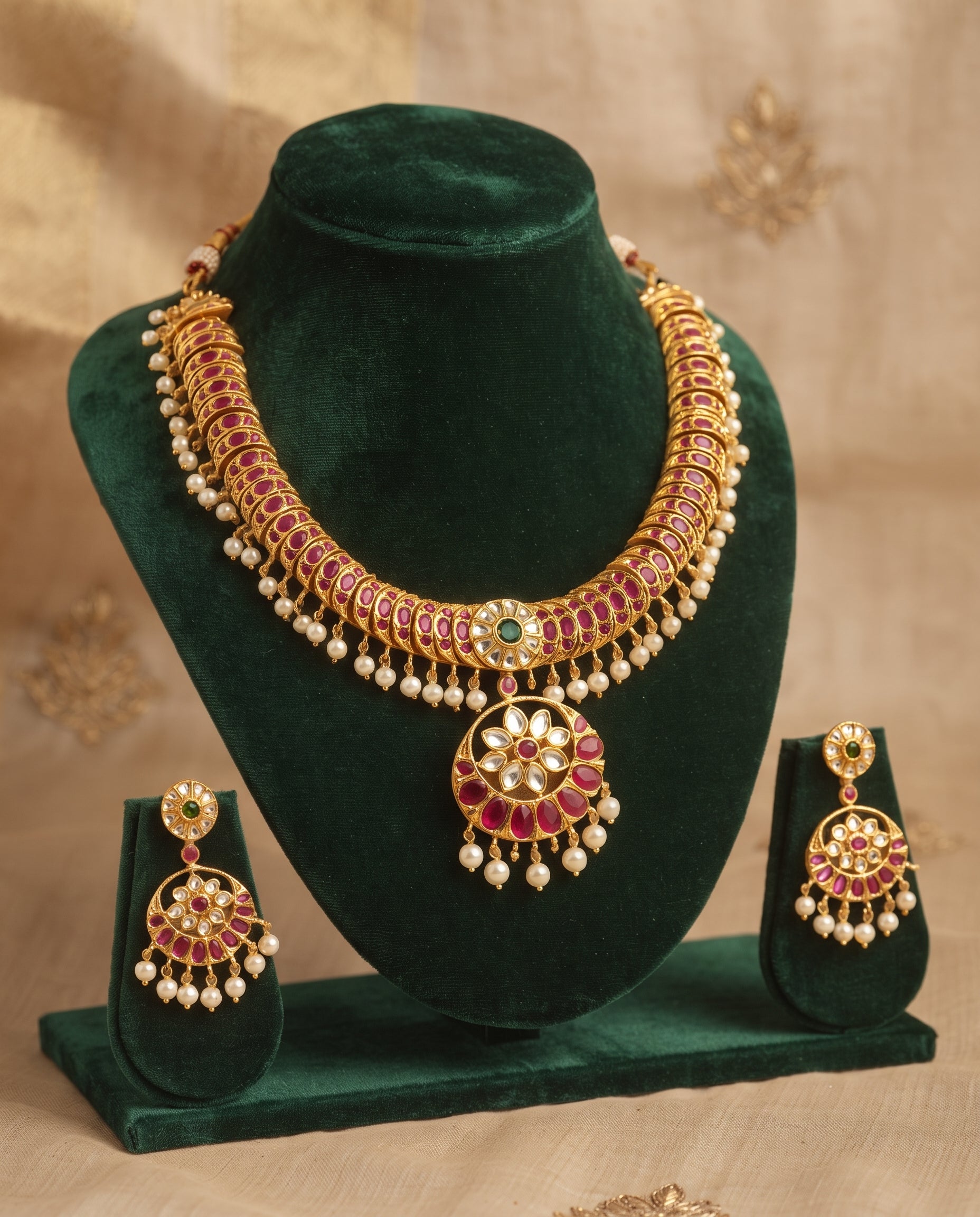Aarohi Ruby & Pearl Gold-Plated Statement Necklace Set