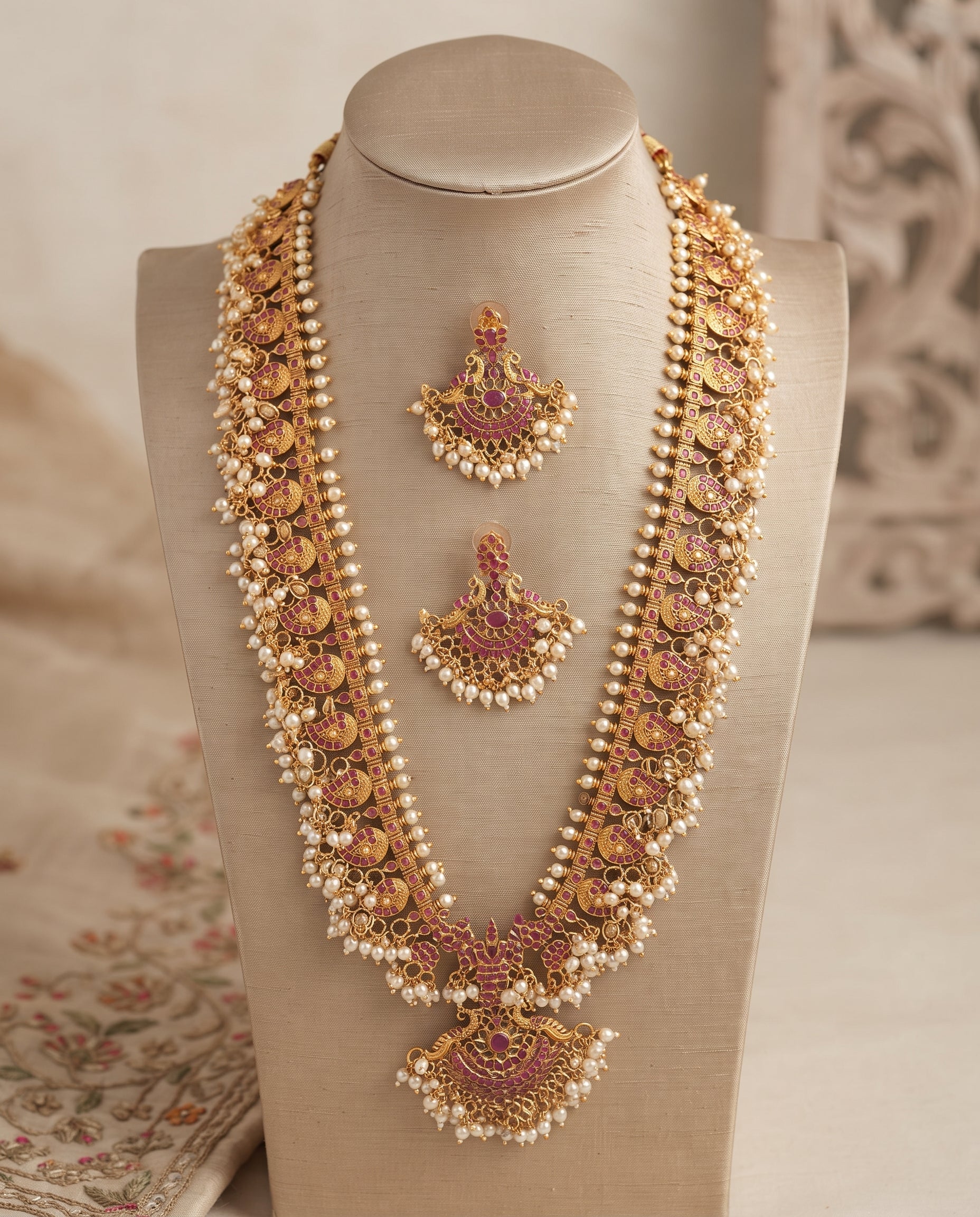 Long Necklace and Earrings Set with Ruby and Pearls