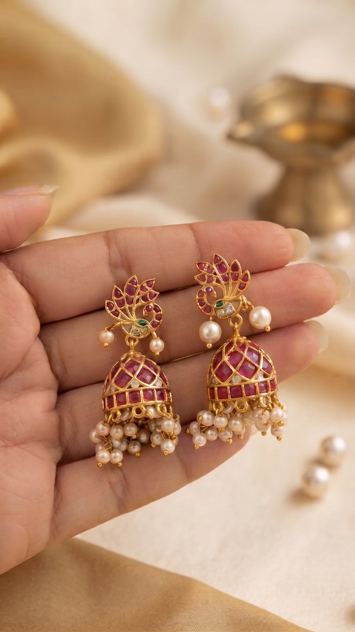 Ruby & Pearl Peacock Jhumka Earrings | Traditional Temple Gold-Plated Designer Jhumkas