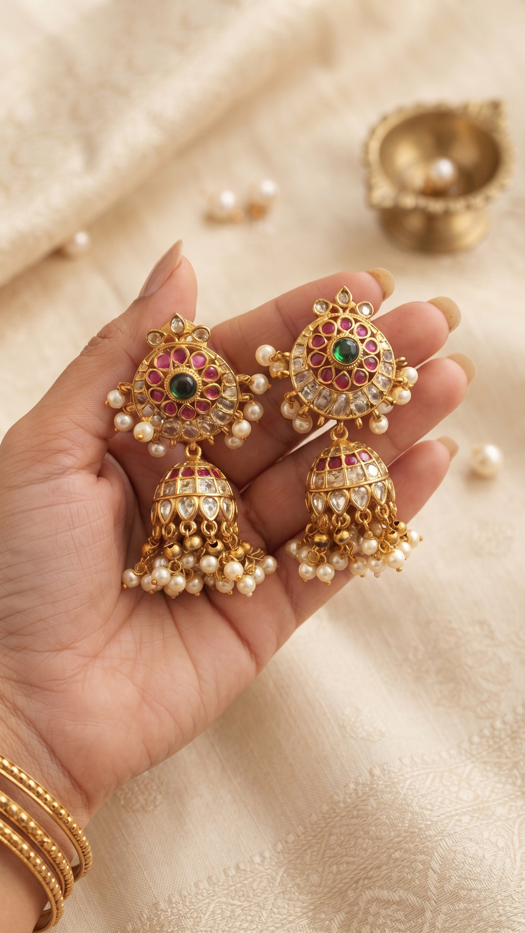 Emerald & Ruby Polki Statement Jhumka Earrings