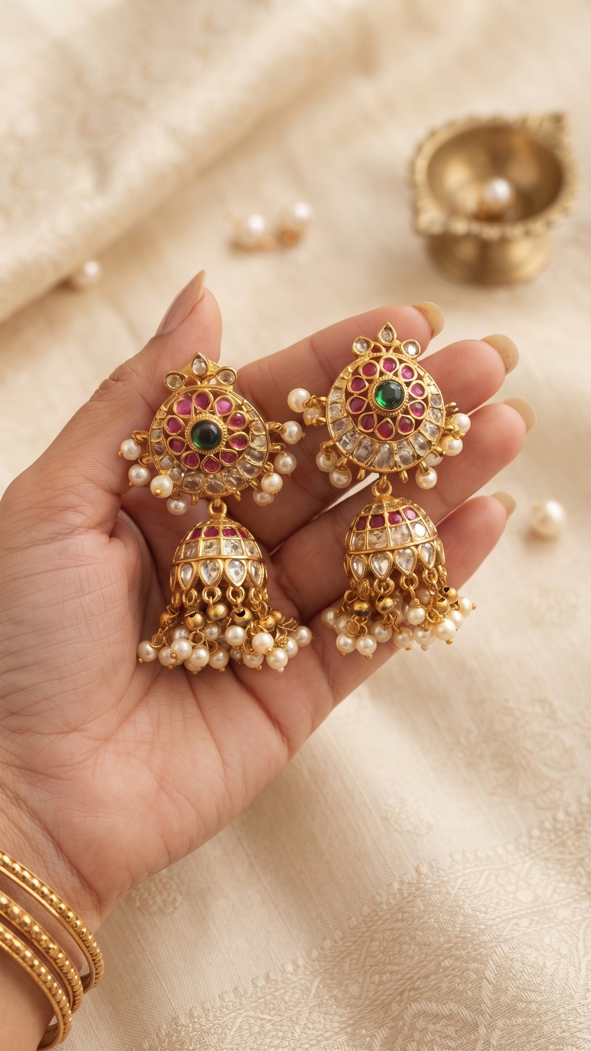 Emerald & Ruby Polki Statement Jhumka Earrings