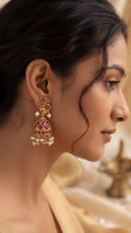 Ruby & Pearl Peacock Jhumka Earrings | Traditional Temple Gold-Plated Designer Jhumkas