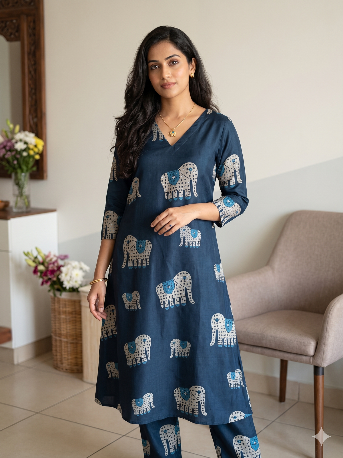 Vathikan meterial blue elephant design co-ord set