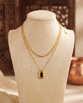 Golden Layered Black Enamel Rectangular Pendant Necklace