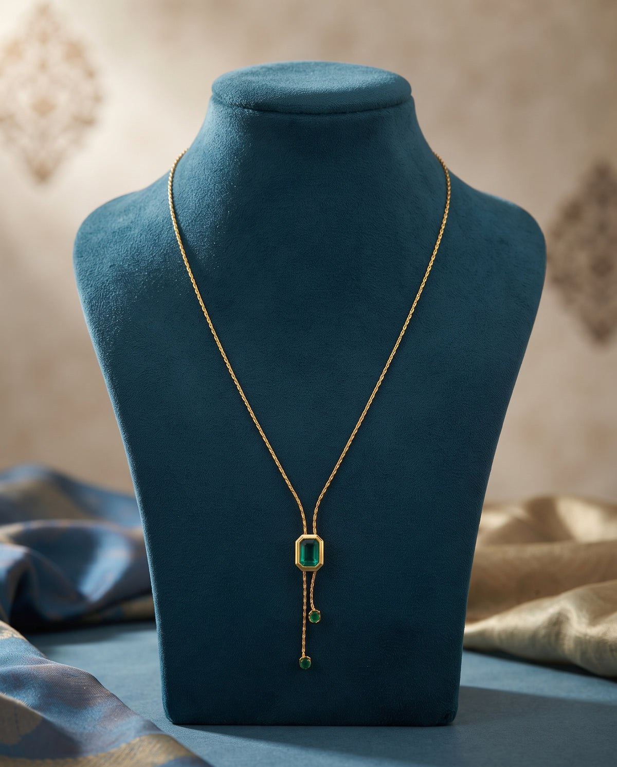 Emerald Drop Lariat Anti-Tarnish Gold Necklace
