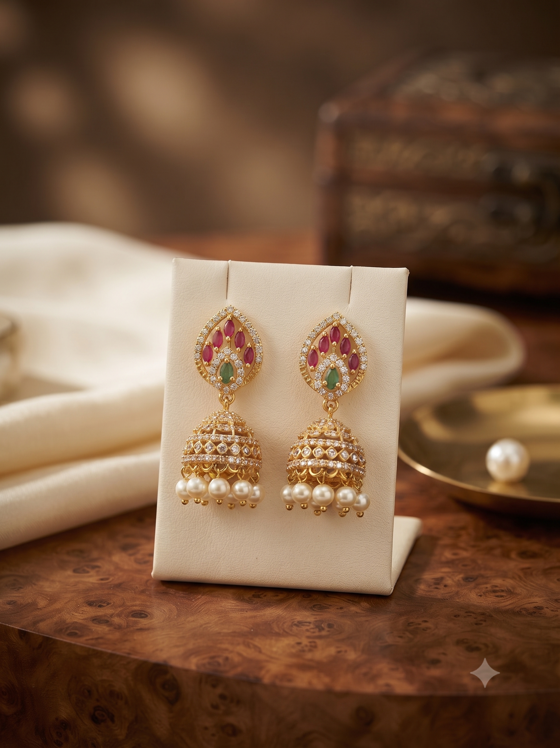 Exquisite Kundan-Style Pearl Drop Jhumkas
