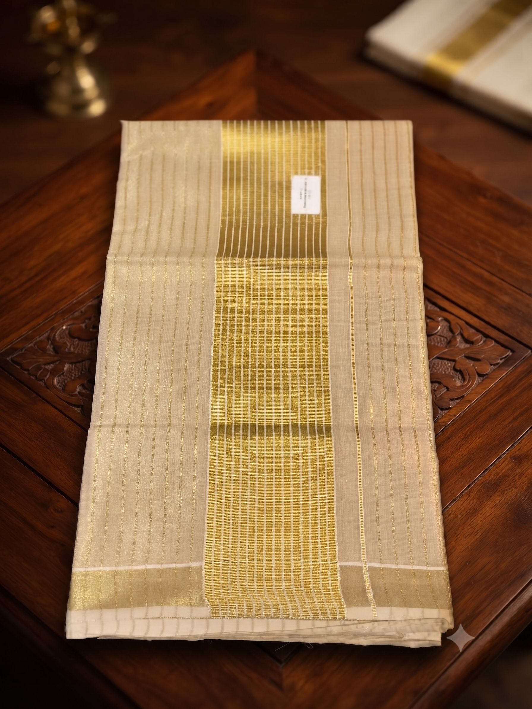 Traditional Kerala Kasavu Tissue Sari with Gold Zari Stripes