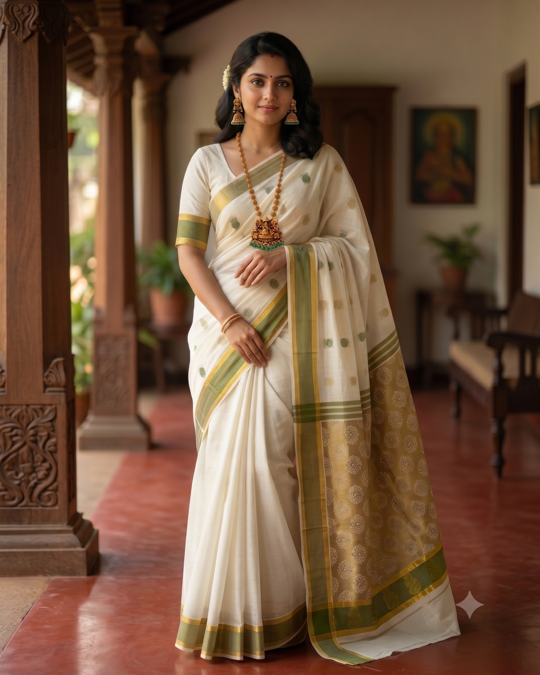 Cotton color jacquard B-komma saree green