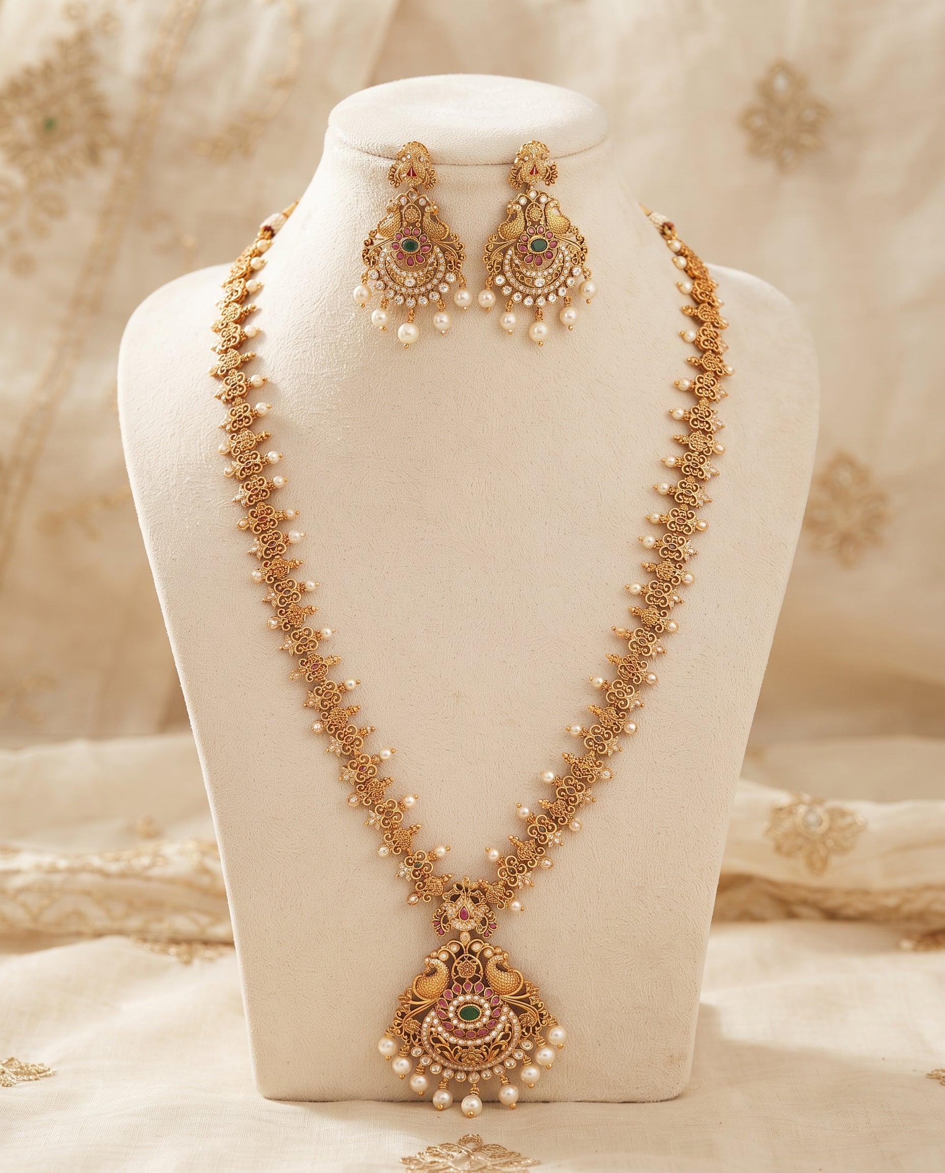 Antique Gold Long Necklace Set with Ruby