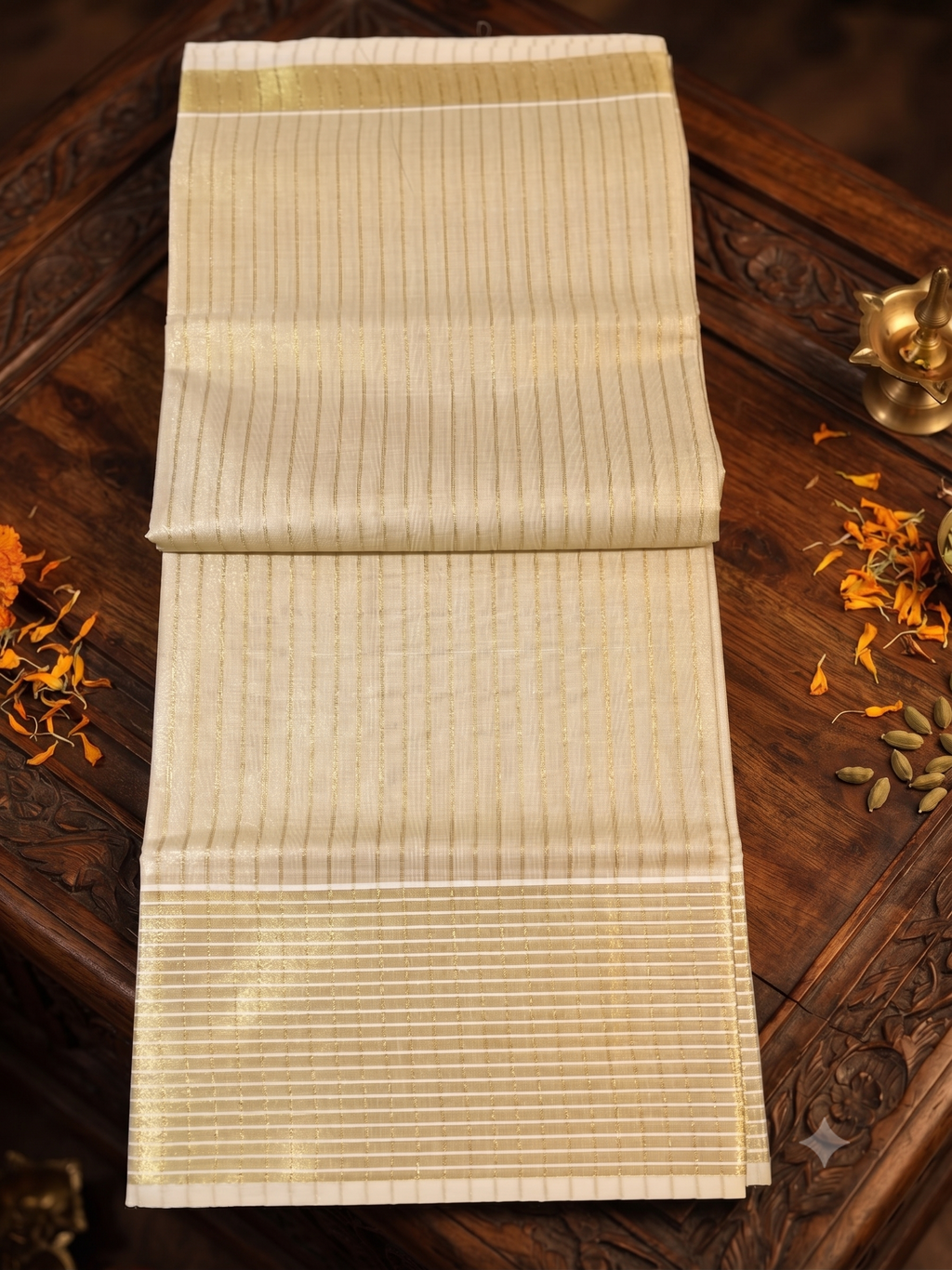 Traditional Kerala Kasavu Tissue Sari with Gold Zari Stripes