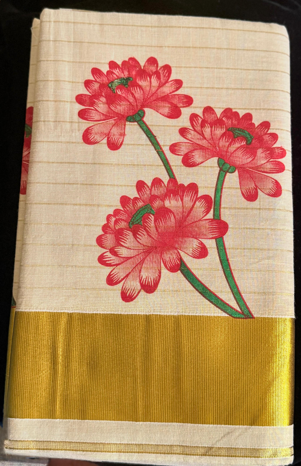 Dalia Printed Kerala Saree in rich red