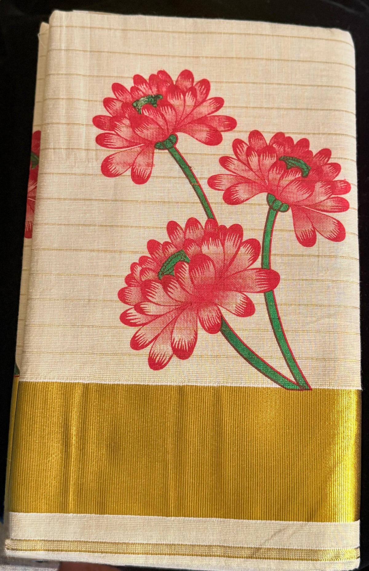 Dalia Printed Kerala Saree in rich red