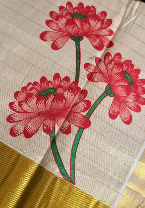 Dalia Printed Kerala Saree in rich red