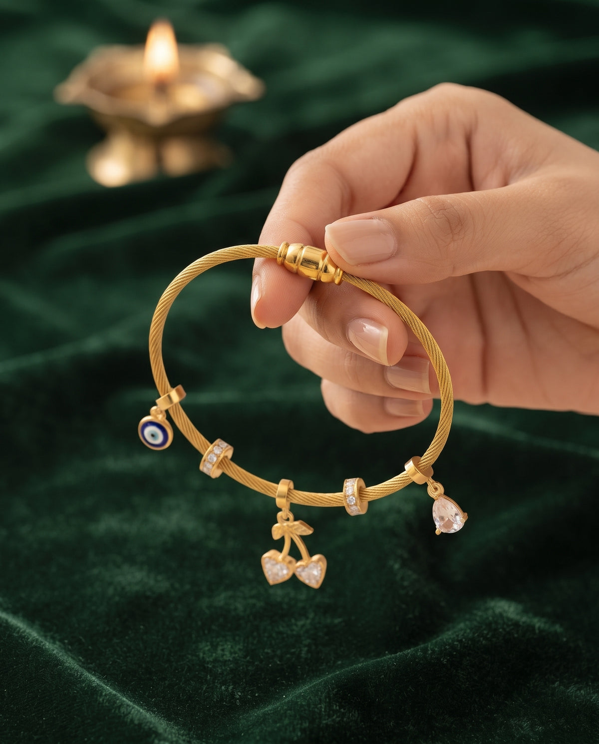 Evil Eye & Cherry Charm Anti-Tarnish Cable Bangle