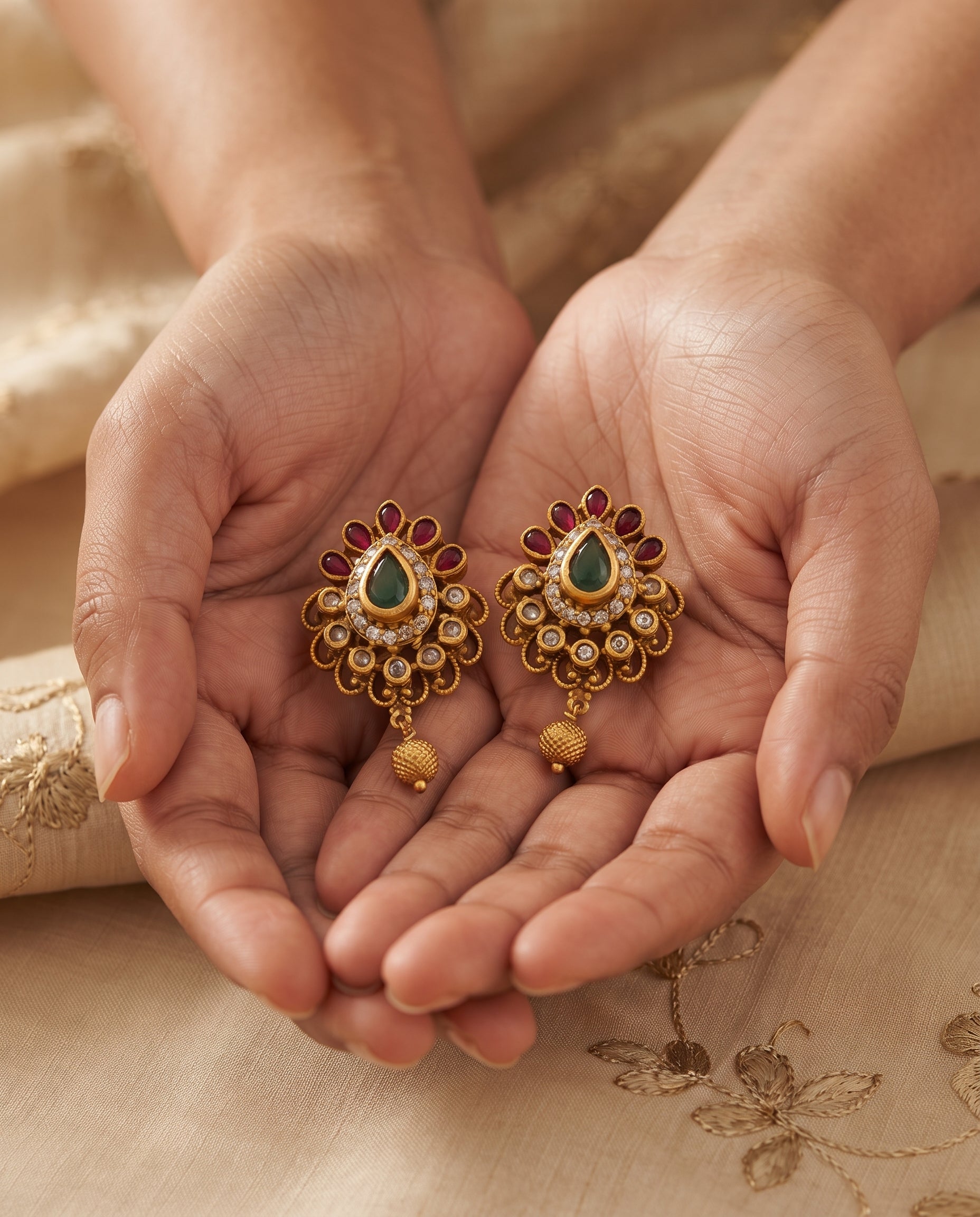 Ruby & Emerald Gold-Plated Statement Earrings