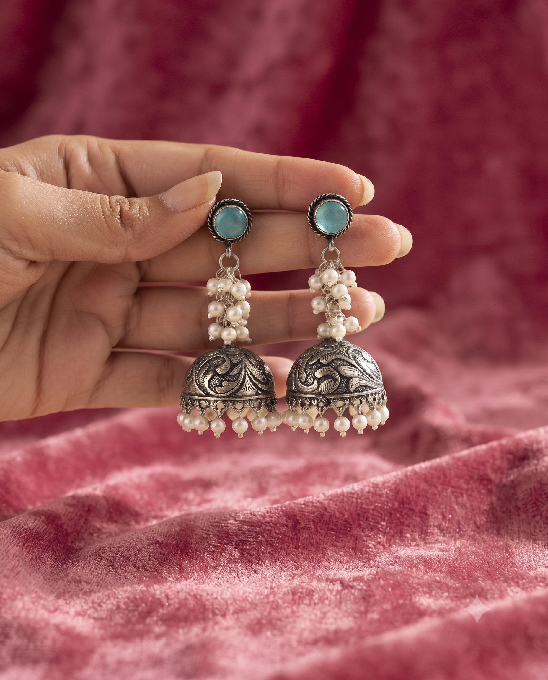 Oxidized Silver Turquoise Stone & Pearl Cluster Jhuma
