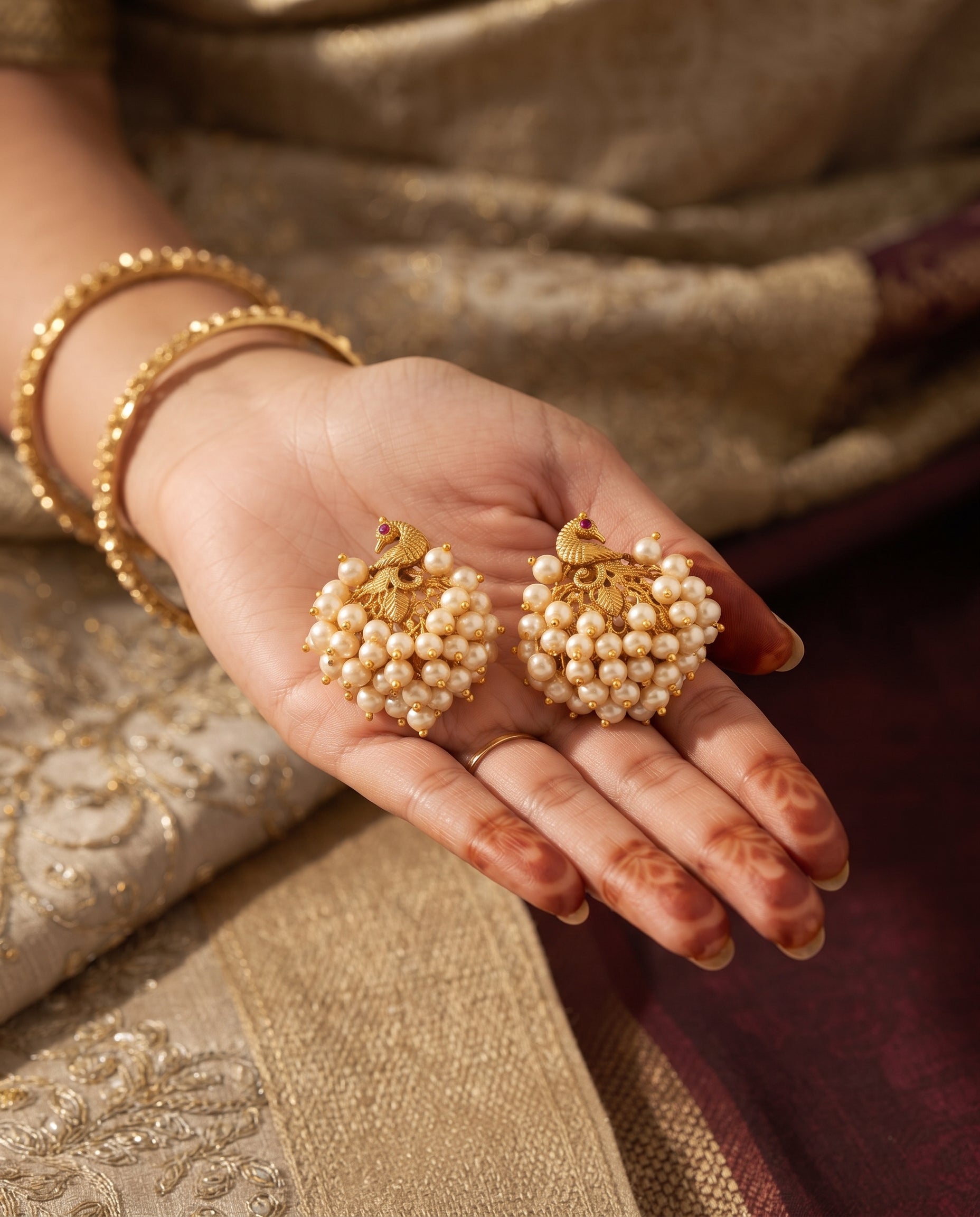 Regal Peacock Pearl Cluster Gold-Tone Stud Earrings