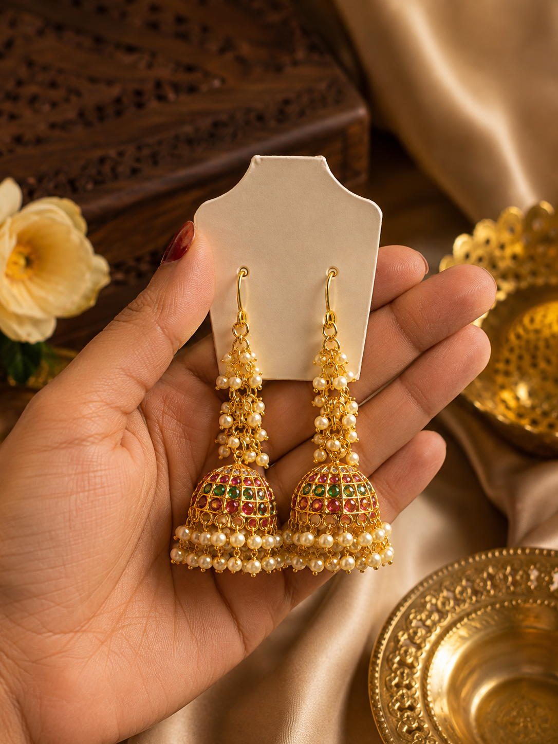 Gemstone & Pearl Jhumka Earrings
