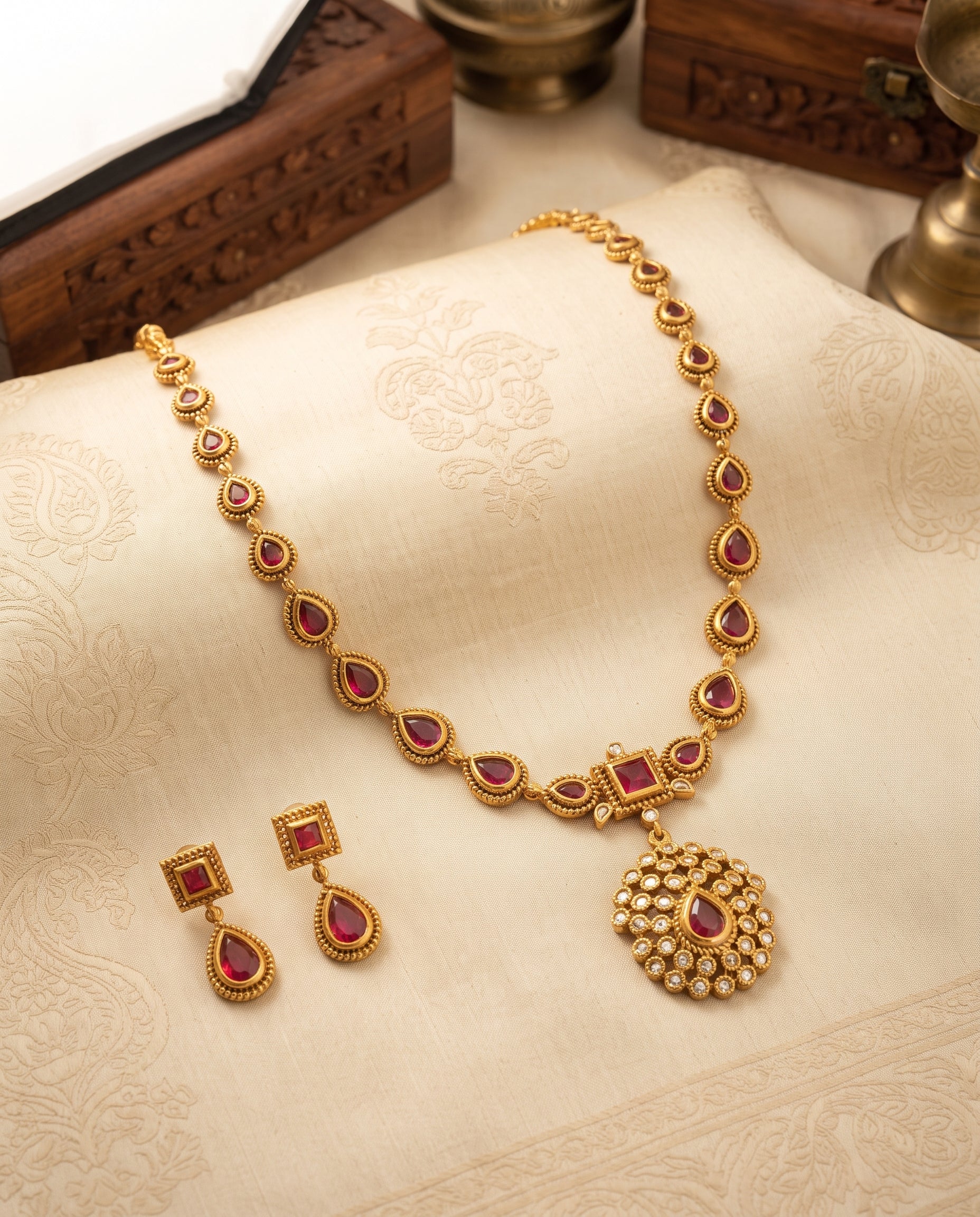 Ruby-Tone Teardrop  Necklace & Earrings Set
