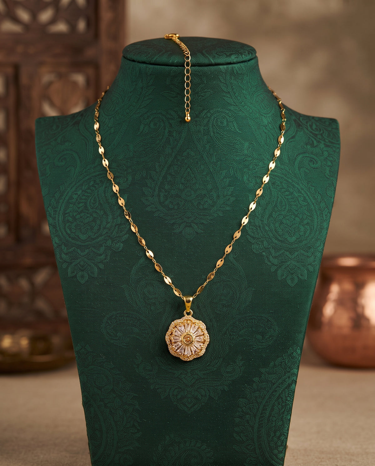 Golden Floral Medallion Crystal Pendant Necklace