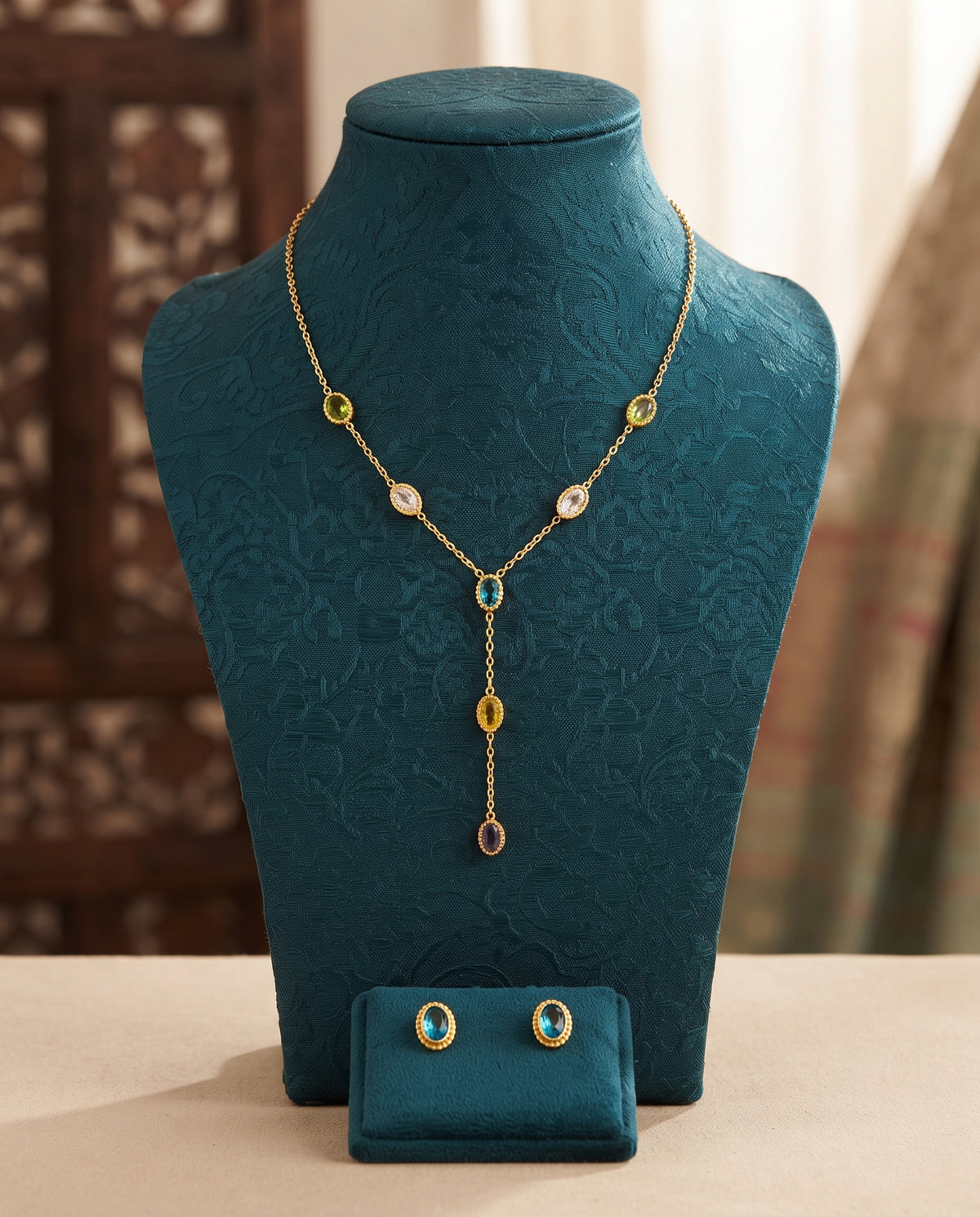 Golden Multi-Color Gemstone Station Y-Necklace & Earrings Set