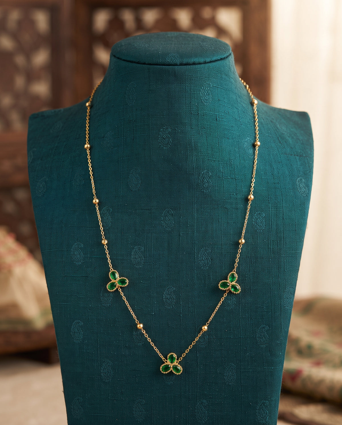 Golden Emerald Clover Station Long Necklace
