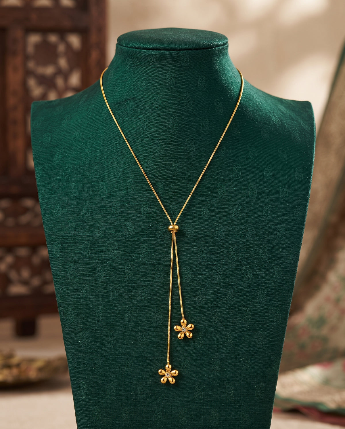 Golden Adjustable Dual Floral Y-Lariat Necklace