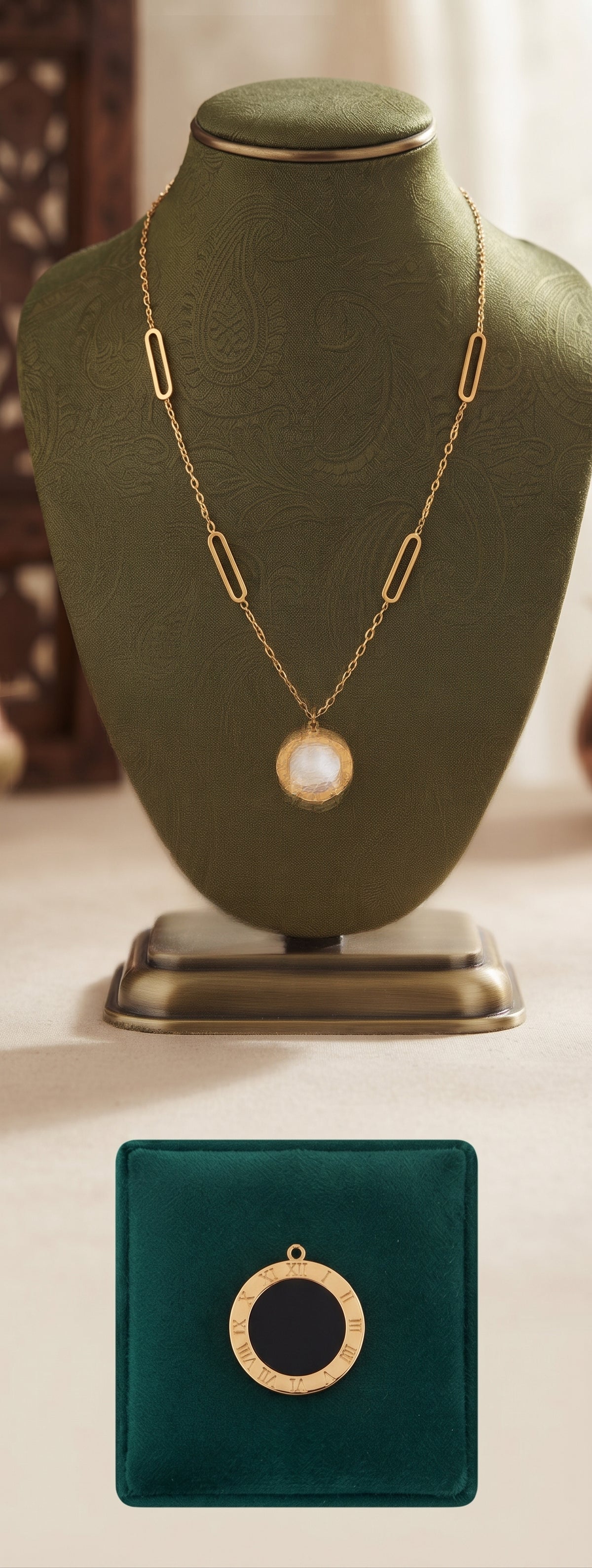 Golden Reversible Roman Numeral Two-Way Pendant Necklace