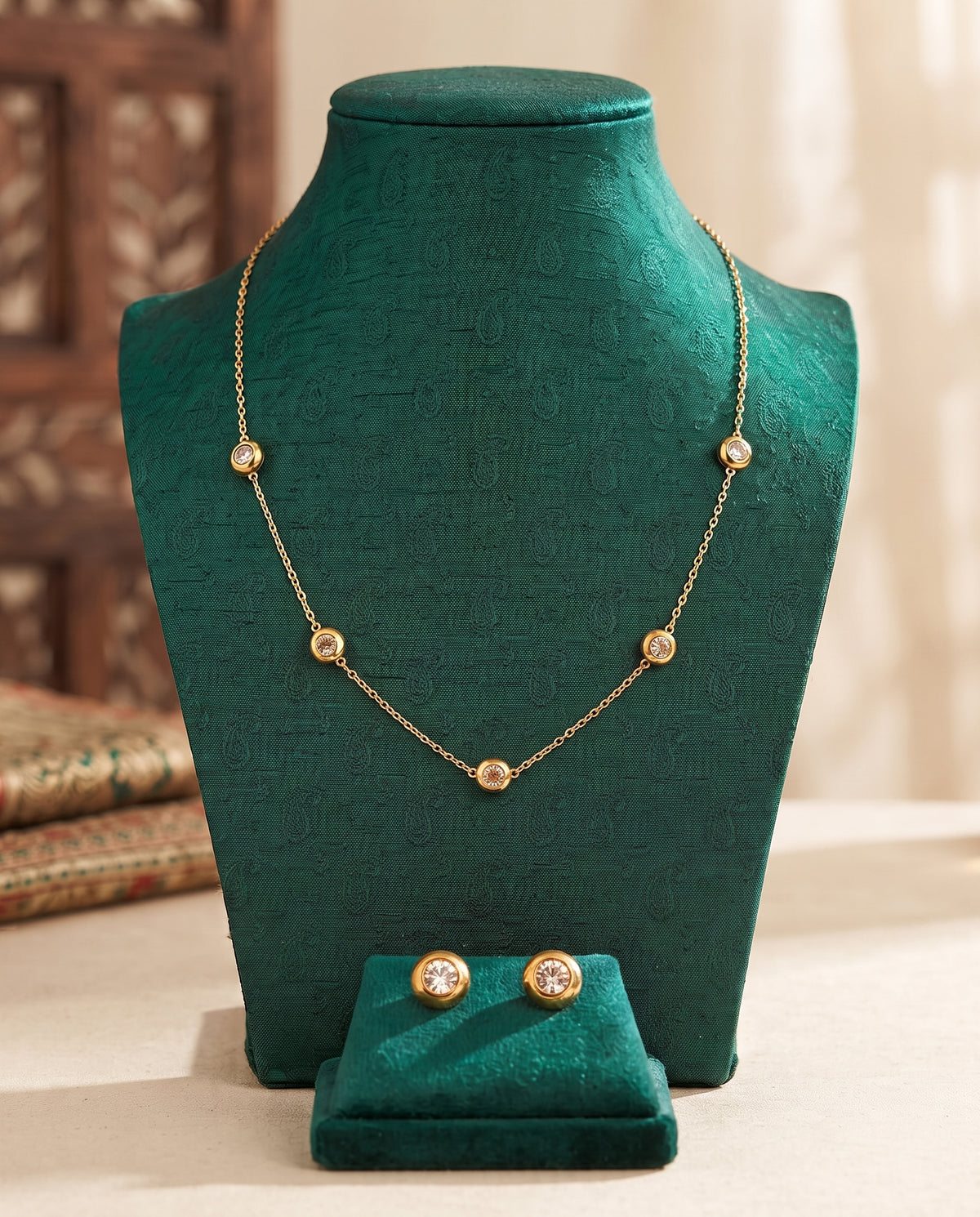 Golden Solitaire Crystal Station Necklace & Earrings Set