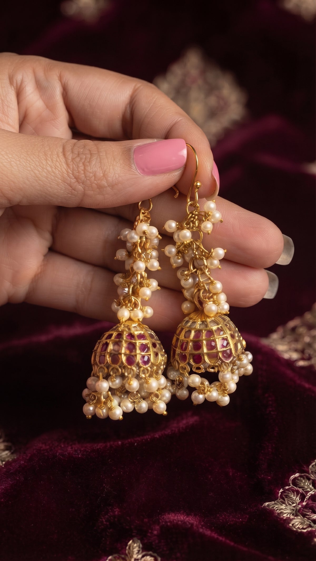 Golden Ruby & Pearl Drop Ethnic Jhumka Earrings