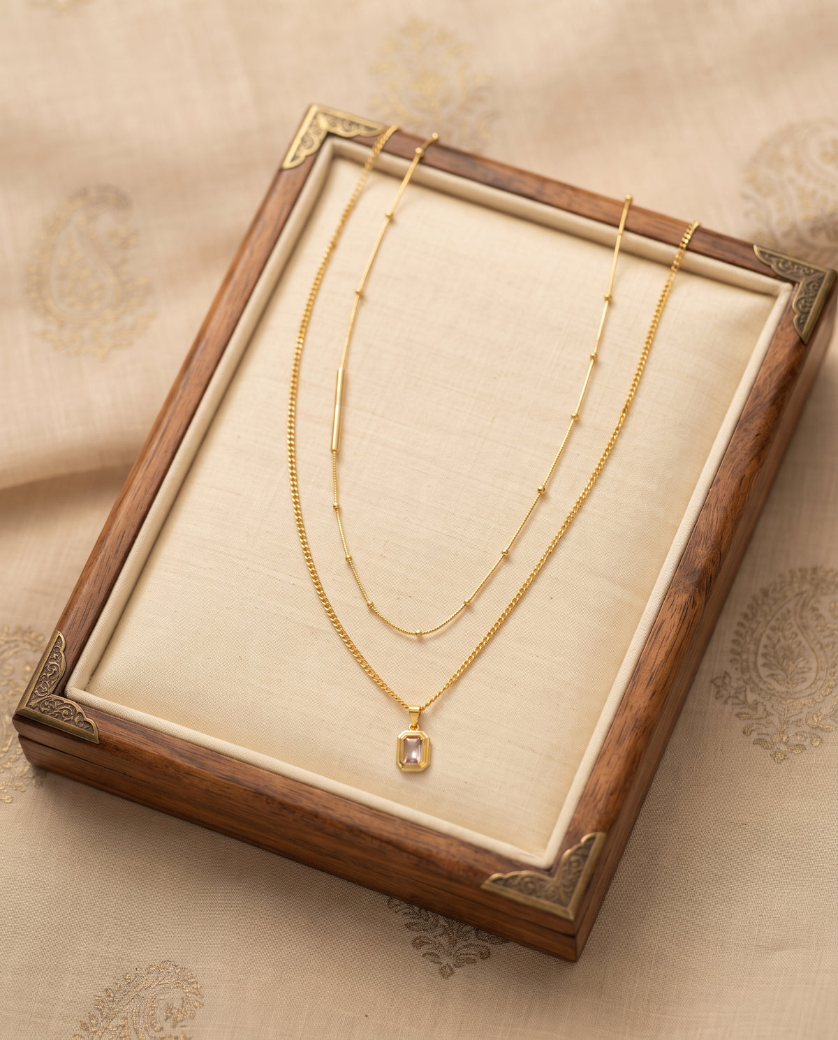 Golden Layered Emerald-Cut Stone Double-Chain Necklace